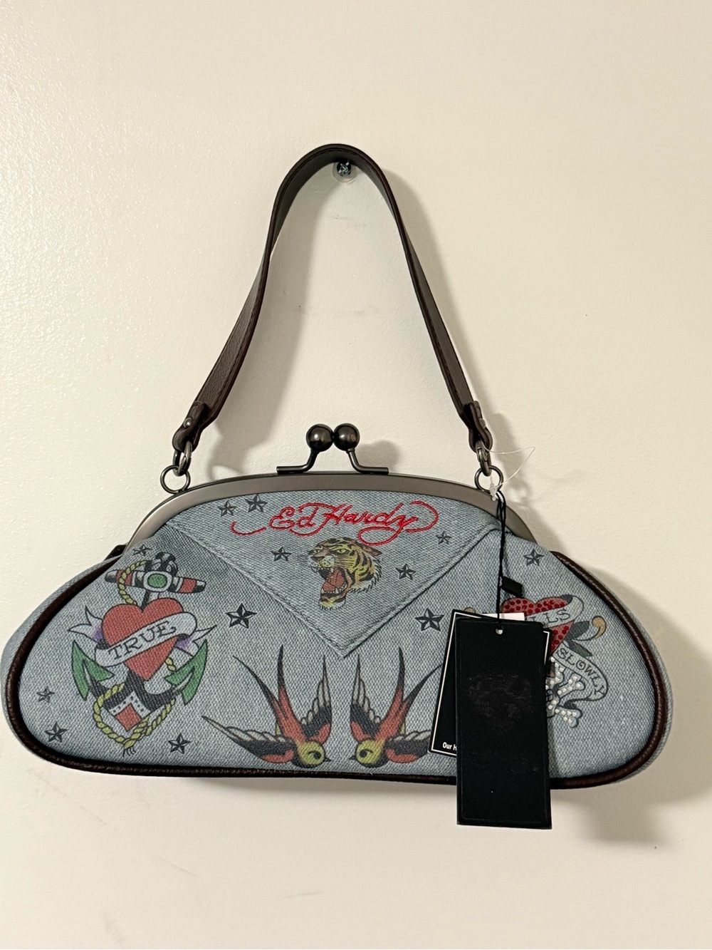 Ed Hardy Light Blue Denim Tattoo Print Shoulder Bag with Brown Handle